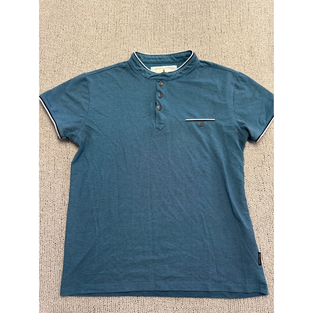 Scott James Mens Teal Blue Short Sleeve Band Collar Henley Polo Shirt Medium